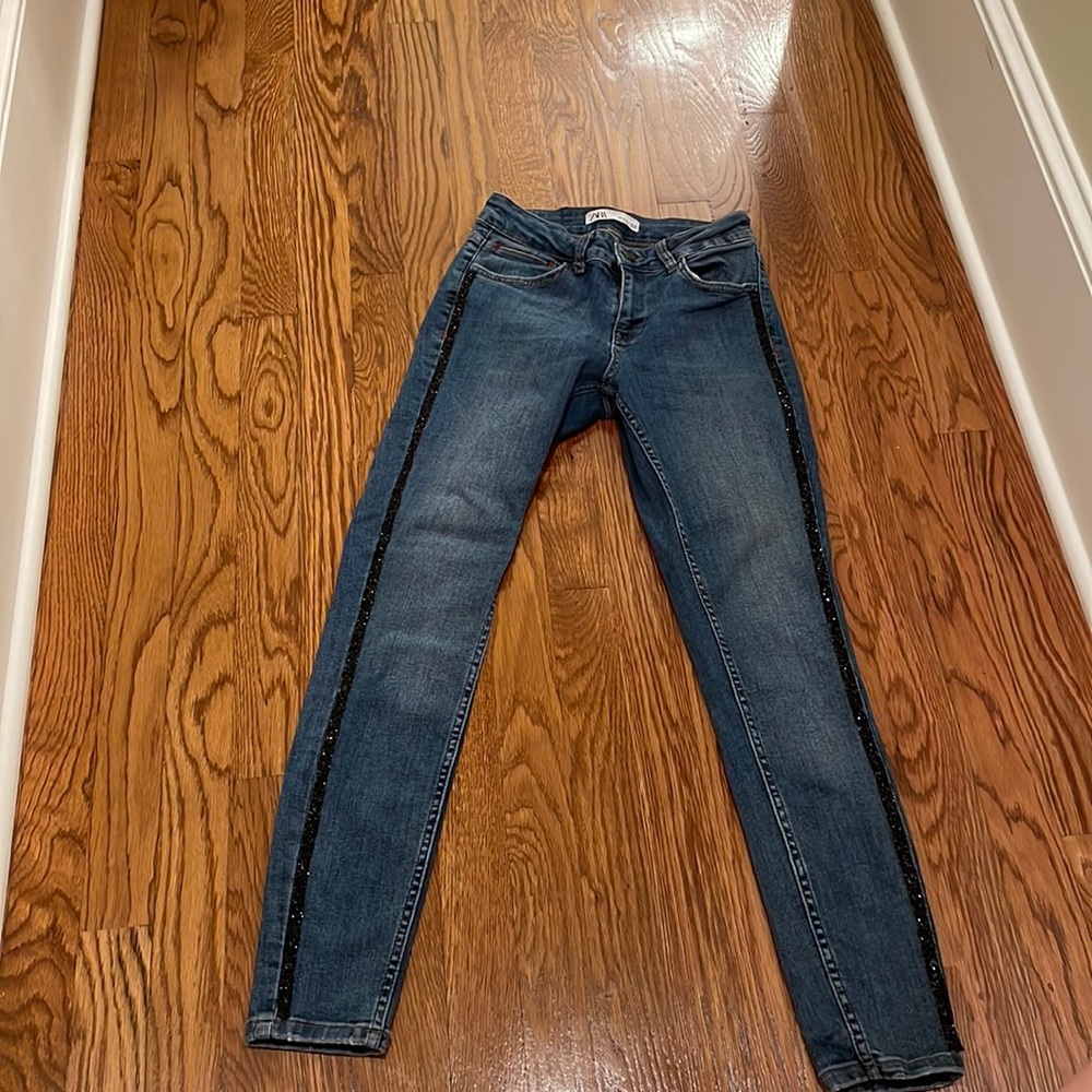 Zara Blue Skinny Jeans with Sparkled Stripes down the side